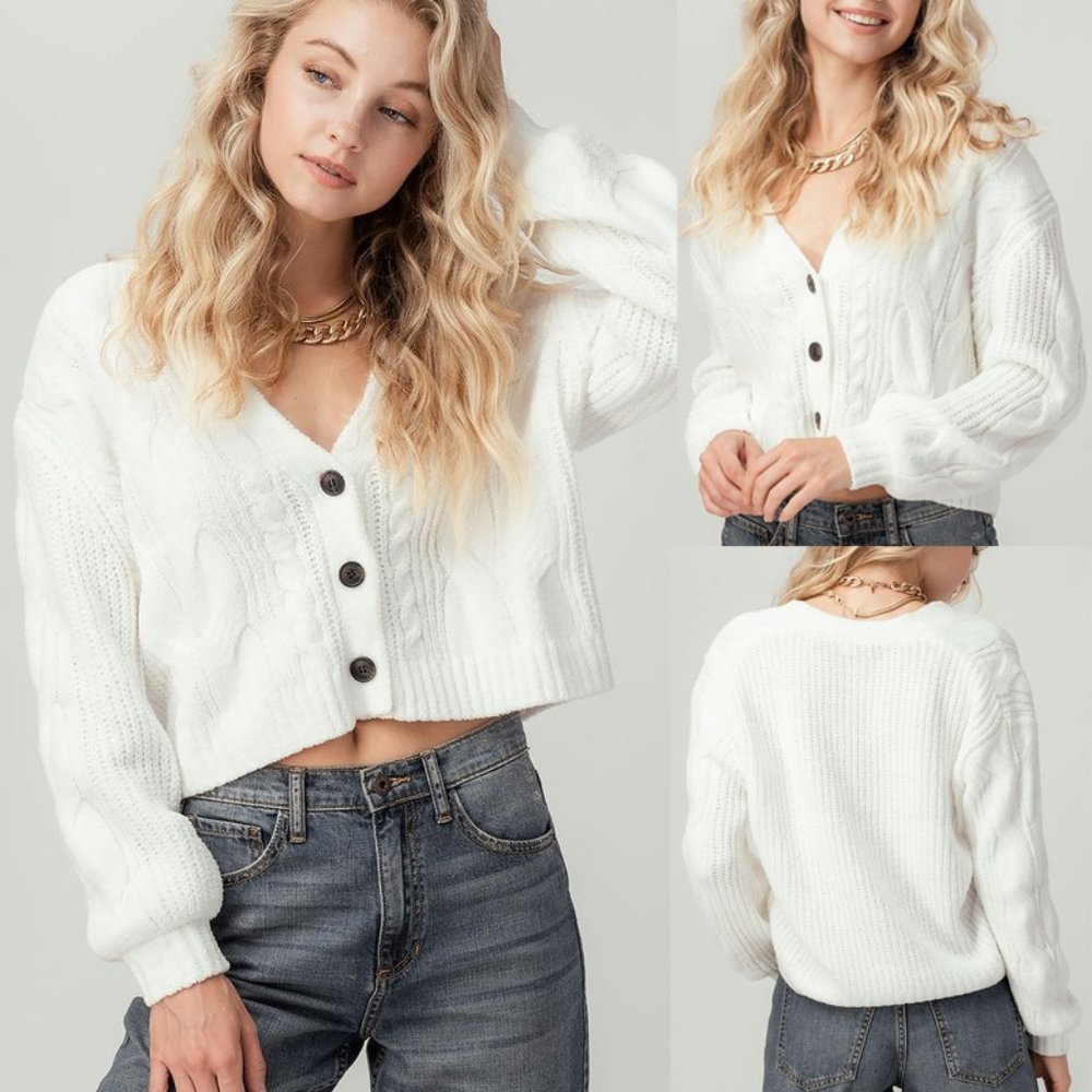 NEW  Super Soft Cable V neck Cropped Knit Chenille Sweater Cardigan White - Picture 10 of 10
